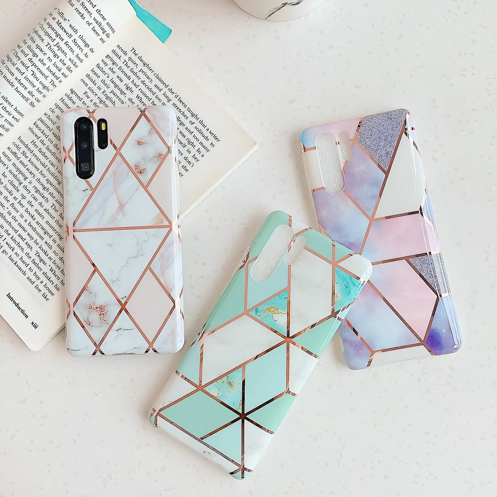 Electroplated marble patterned TPU back cover case for Huawei and Samsung smartphones.
