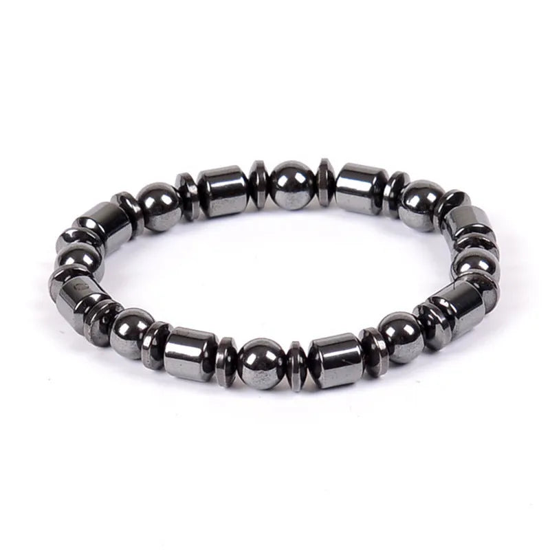 Black magnetic therapy bracelet with a pentagram stone design made from magnetite and hematite.
