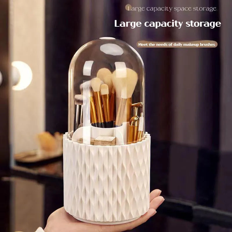 White rotating acrylic makeup brush storage holder with transparent design and dust cover