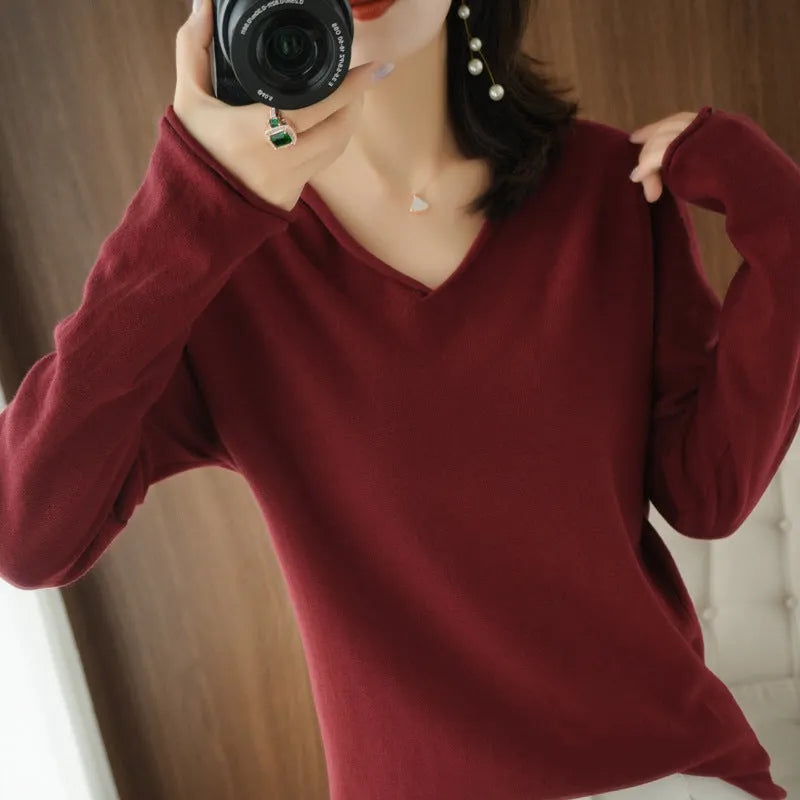 Women's V-neck knitwear pullover top in macaron colours with long sleeves