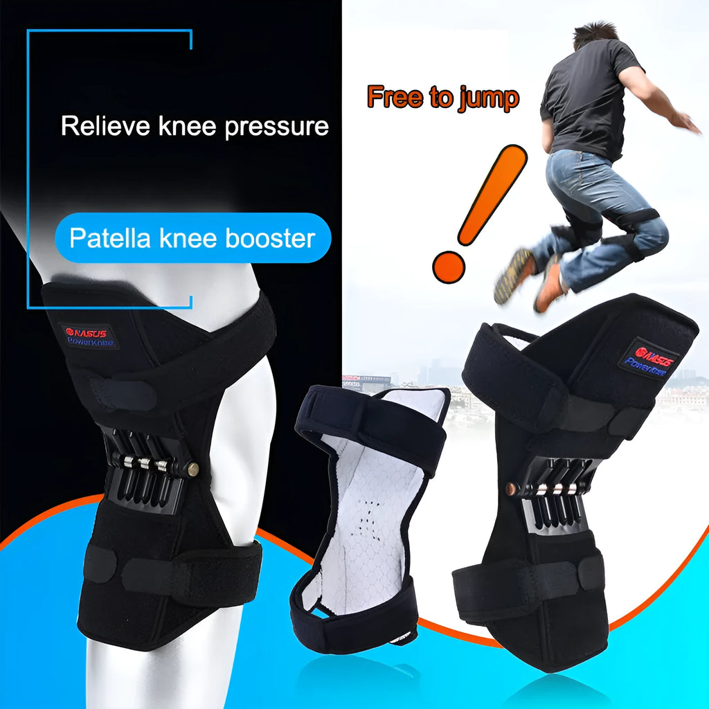 Adjustable knee brace with patella booster spring system in black, blue or green colours