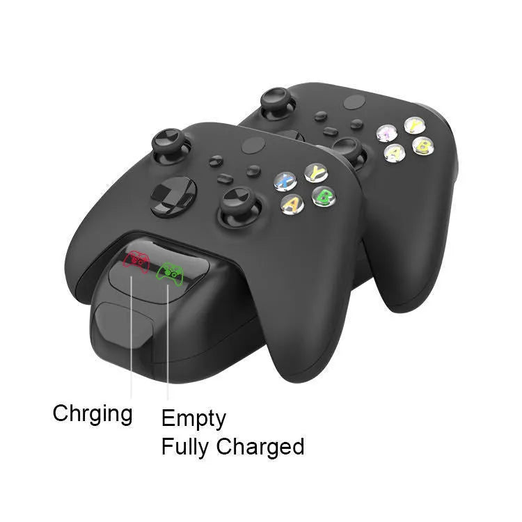 Black Xbox Series X/S wireless controller charging dock showing two controllers charging with LED status lights.