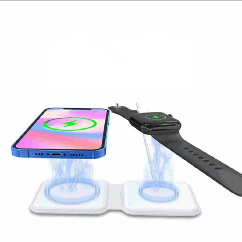 White 2 in 1 magnetic wireless charger with foldable design and dual charging surfaces