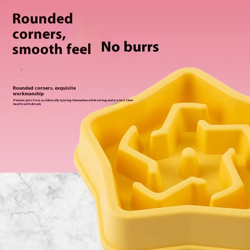 Yellow plastic dog slow feeding bowl with rough base design to prevent choking, 20.1cm diameter