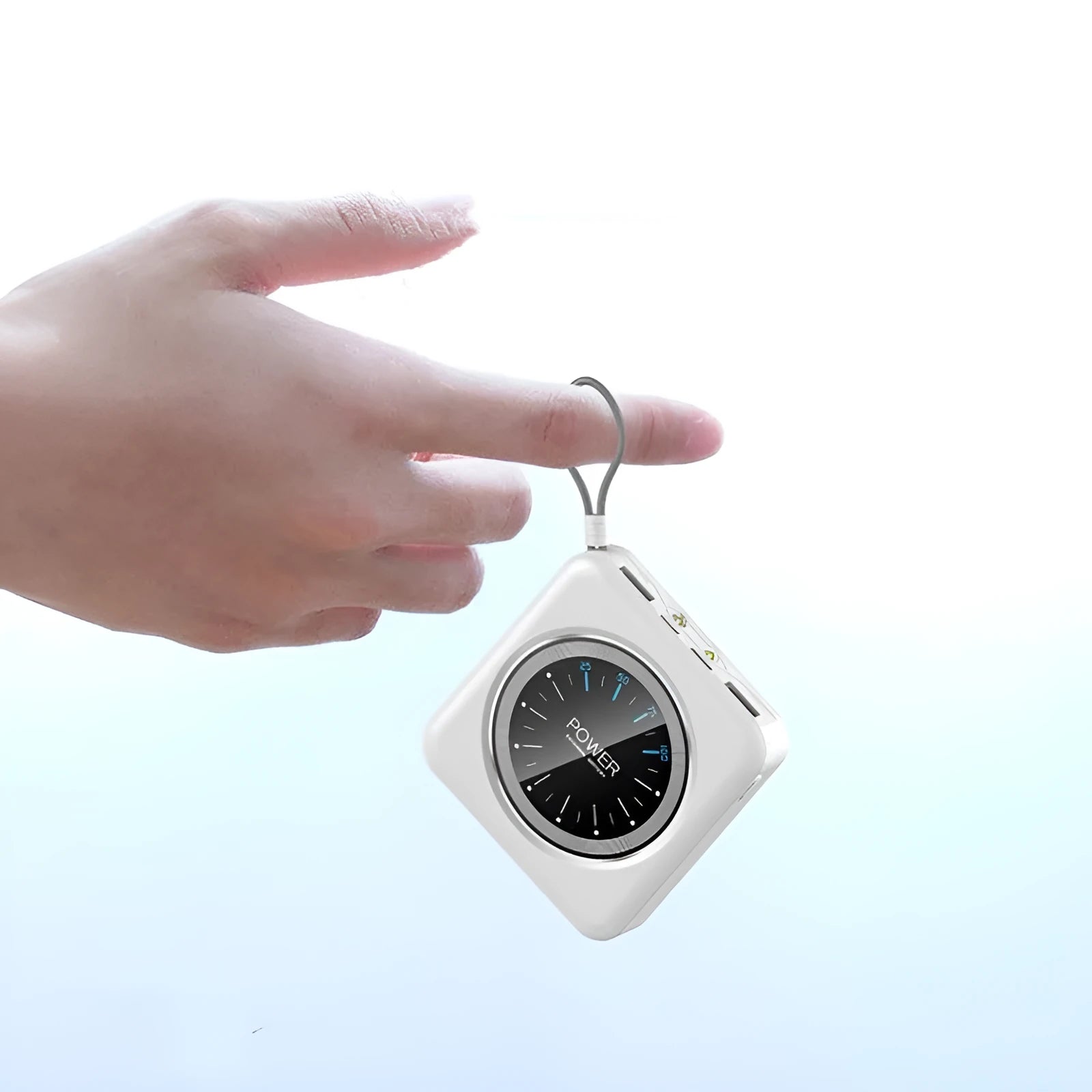 Mini clock charger portable power bank in mint green colour showing compact design with USB ports