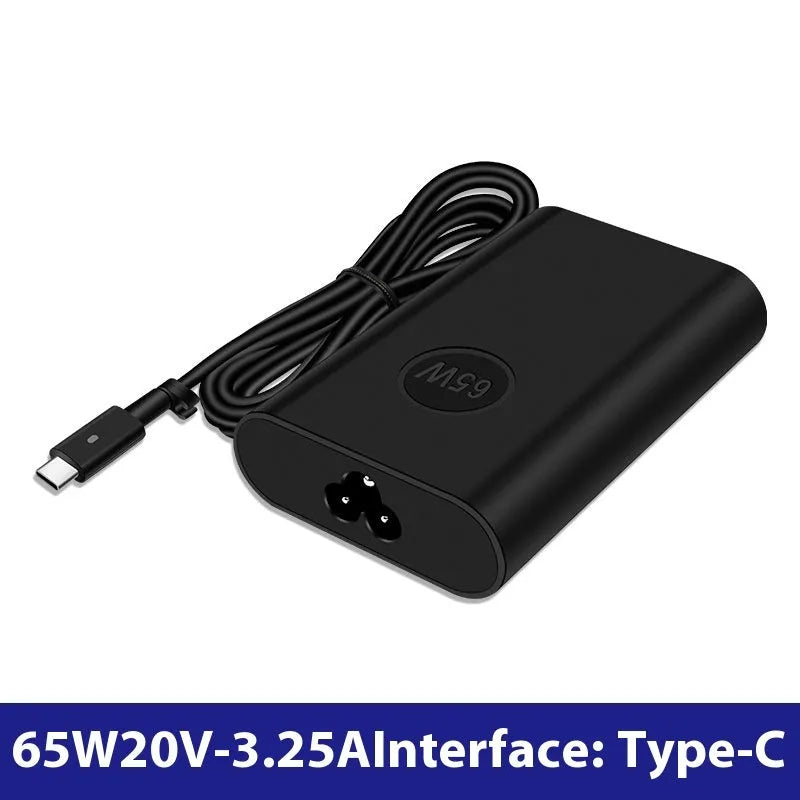 Black oval 65W laptop Type-C charger with six interchangeable international power cords
