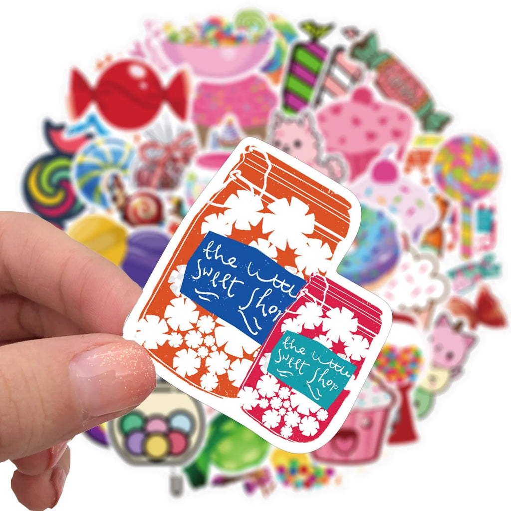 Pack of 50 colourful pink Candy series graffiti stickers with cartoon patterns for crafts.