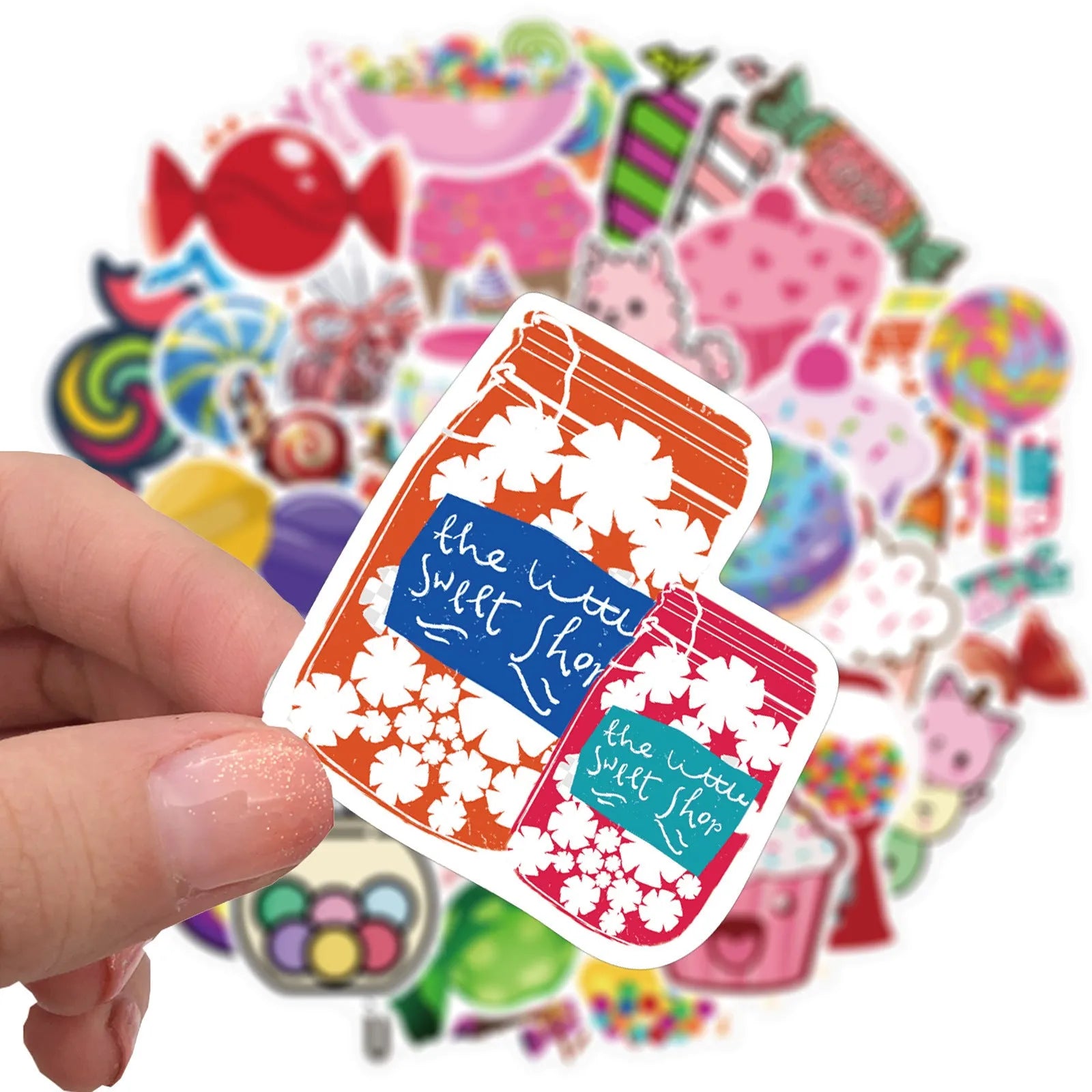 Pack of 50 colourful pink Candy series graffiti stickers with cartoon patterns for crafts.