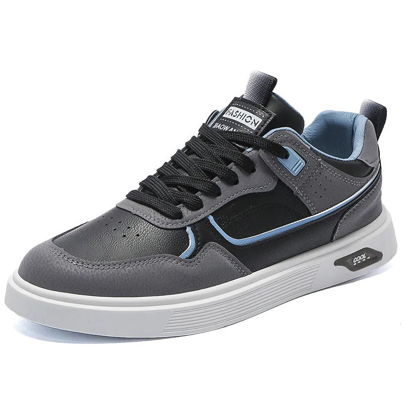 Men's solid colour canvas board shoes with mesh lining and leather stitching details