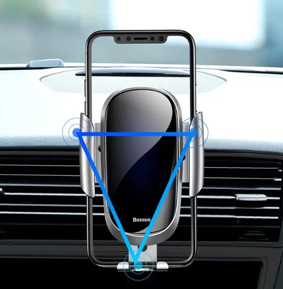 Universal car phone bracket in black, blue, and silvery colours mounted on a car dashboard