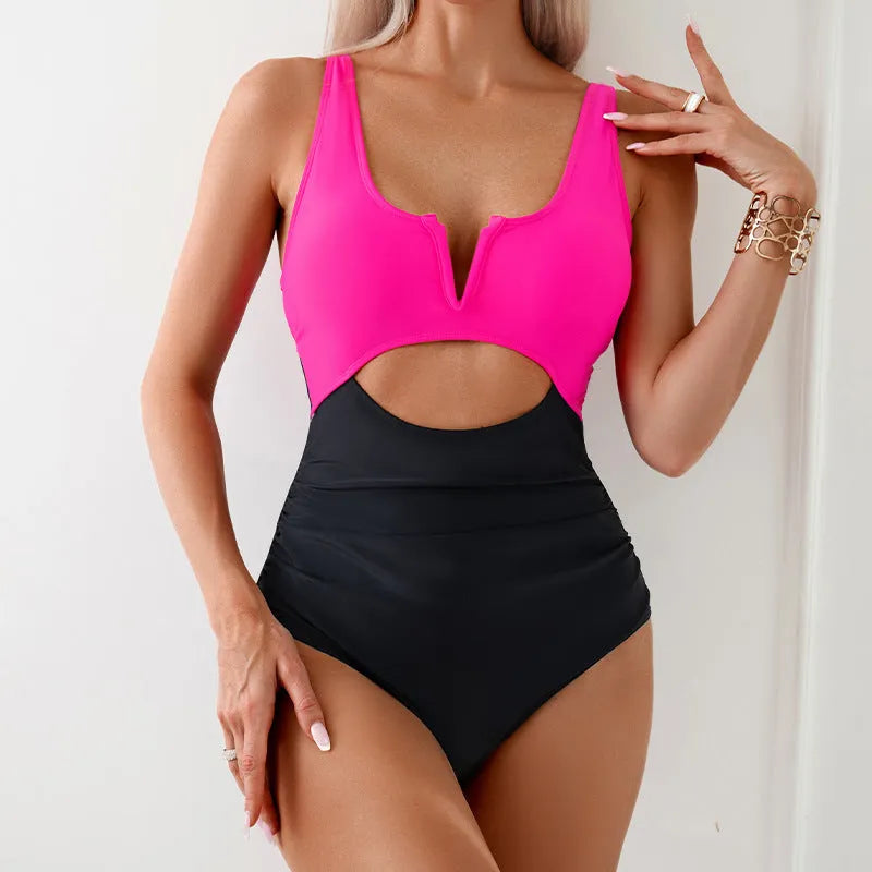 Women's contrast colour block one-piece swimsuit in nylon fabric showing colour options and design