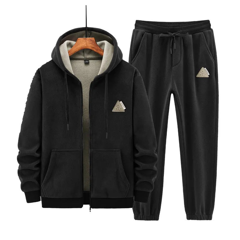 Men's grey hooded tracksuit set with polyester jacket and matching trousers for sports wear