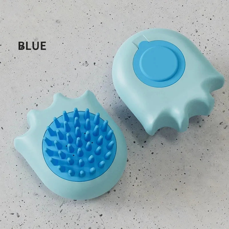 Colourful pet bath brush with integrated shampoo box for dogs and cats in blue, orange, or yellow