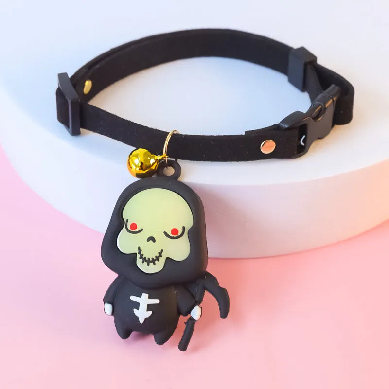 Halloween pet collar with luminous pumpkin man design on adjustable polyester band