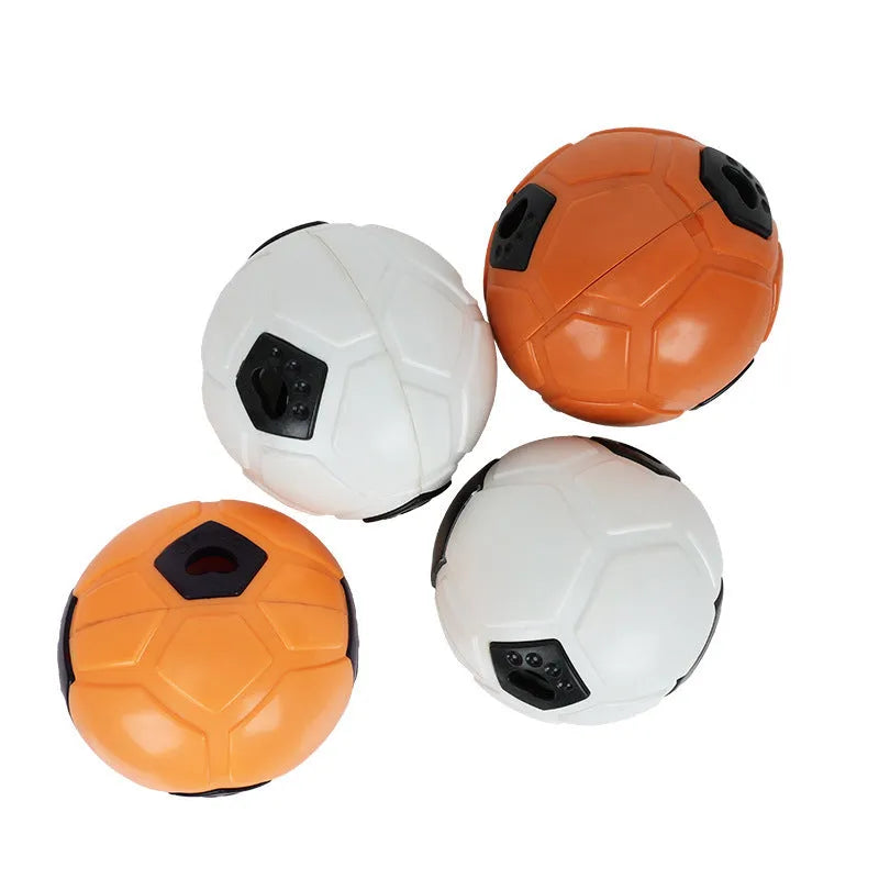 Orange and white TPR dog toy ball for chewing, showing hollow and tooth cleaning stick styles.
