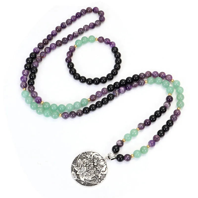 Handmade stone bead yoga necklace with alloy lotus pendant and matching bracelet