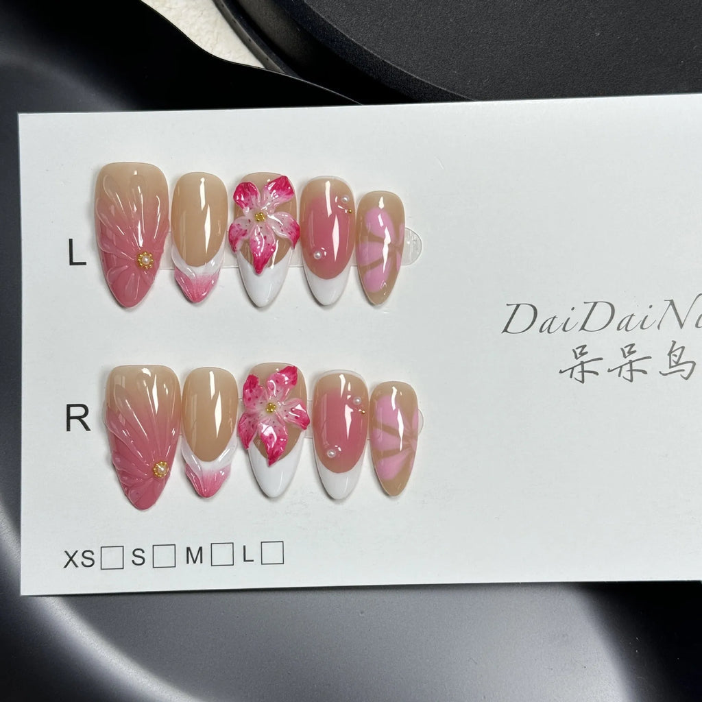 French style 3D lily fluid ice flower nail art stickers on almond-shaped plastic armour in four sizes
