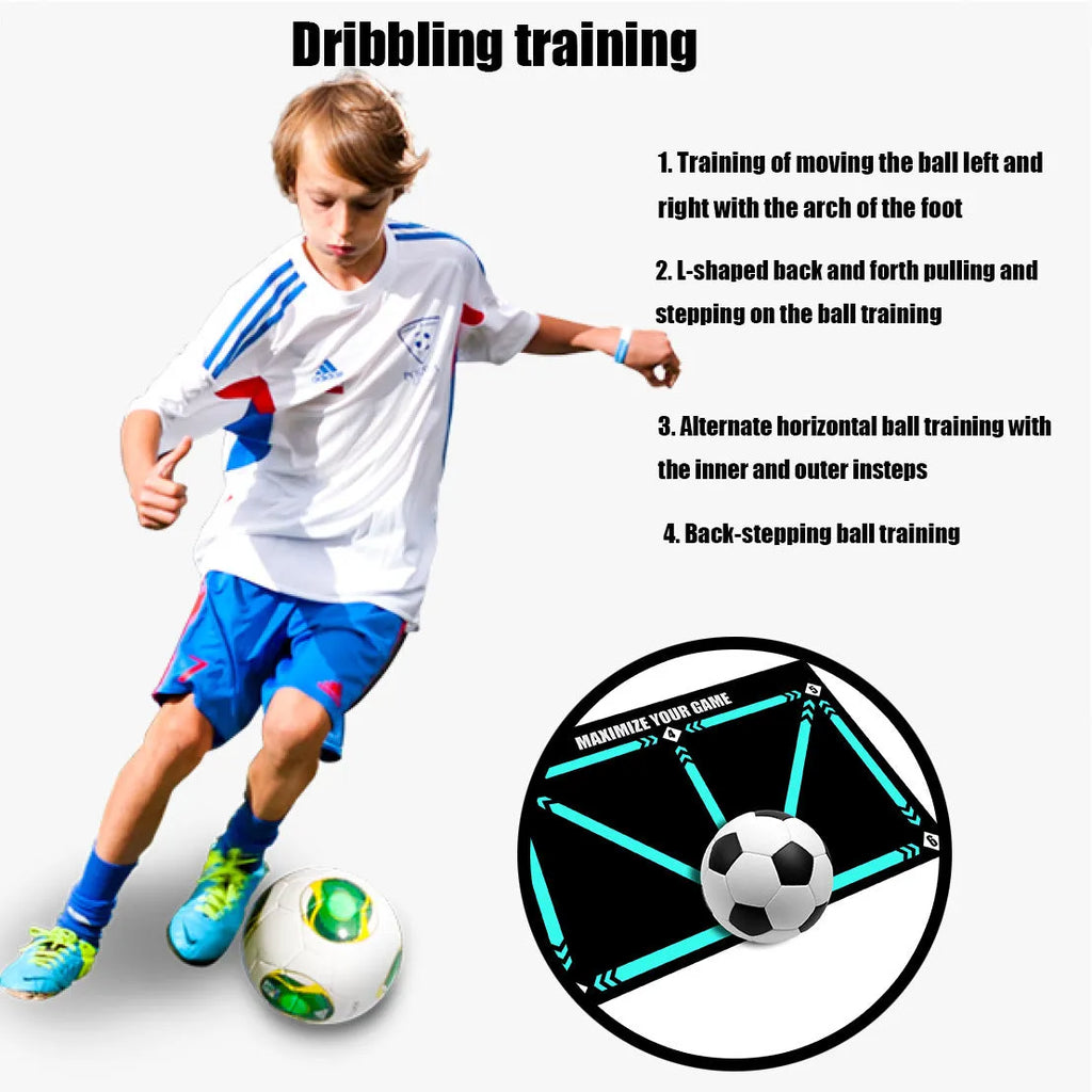 Large black rectangular rubber football training mat measuring 60x90 cm on a floor.