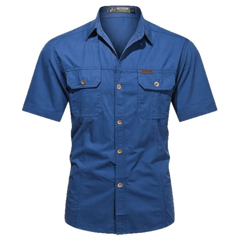 Men's army green cotton short sleeve work shirt with a cardigan style and loose fit.