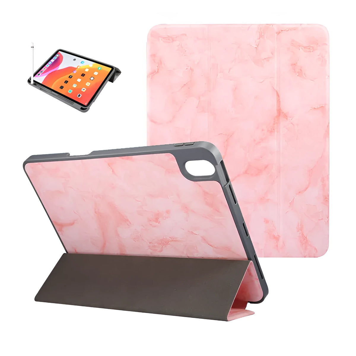 iPad tri-fold marbling leather case with pen slot in multiple colour options