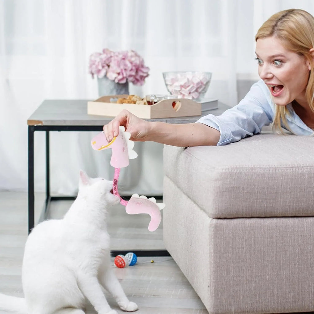 Four-piece cat toy set showing a catnip rope, springs, a kicker toy, and plush mouse, fish, and bunny in pink, purple, and yellow.