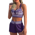 Women's navy blue and print patterned two-piece polyester blend bikini for hot springs.