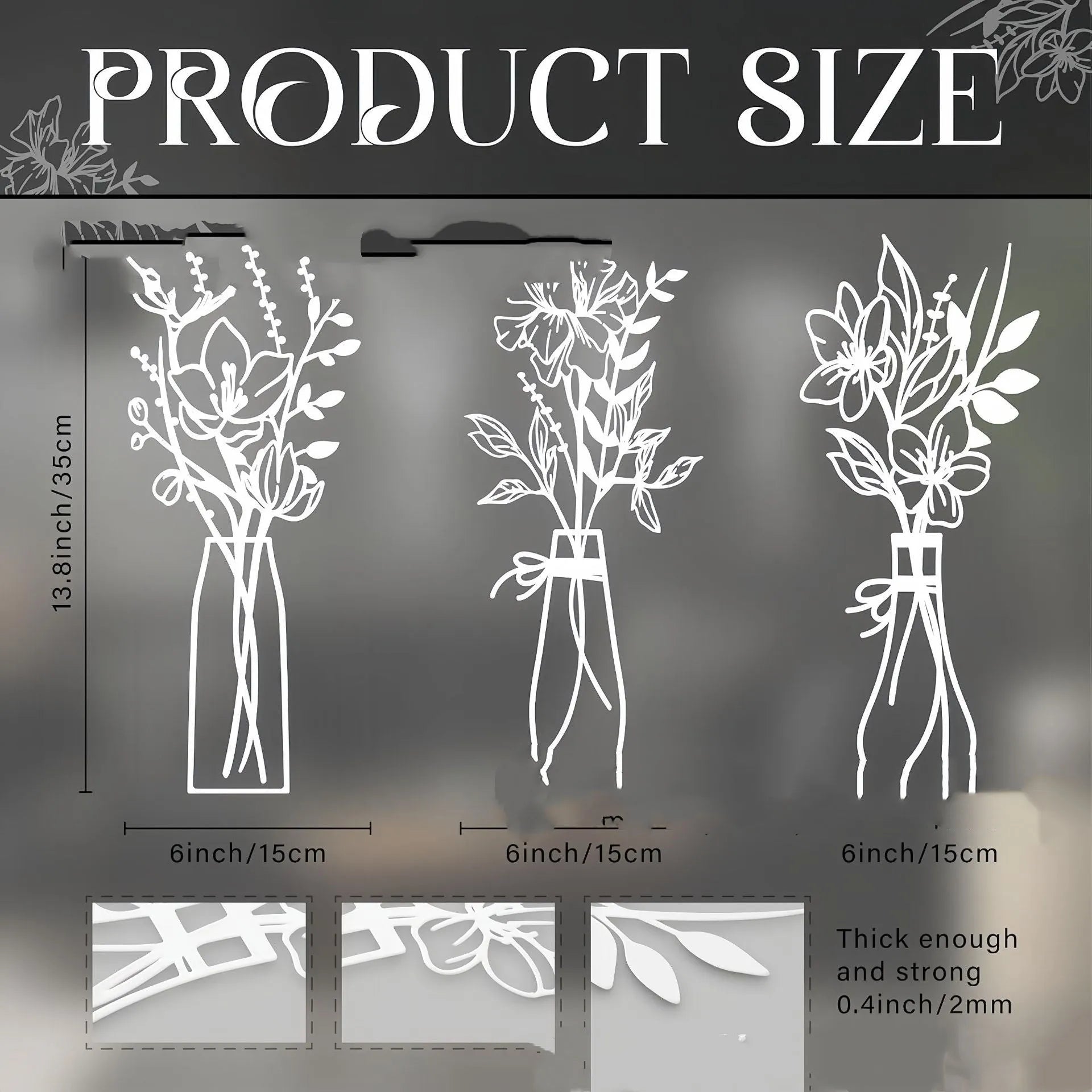 Three metal flower wall art pieces in farmhouse country style with vase designs