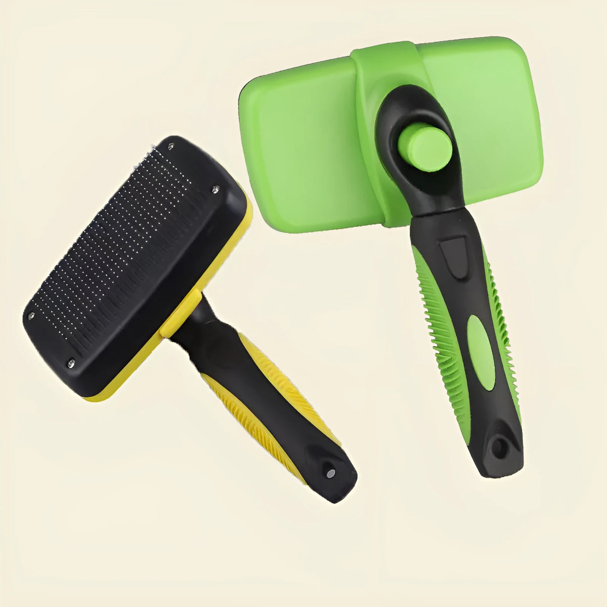 Pet automatic retractable comb with stainless steel needles, ABS and TPR, 19x12.6cm, in green or yellow.