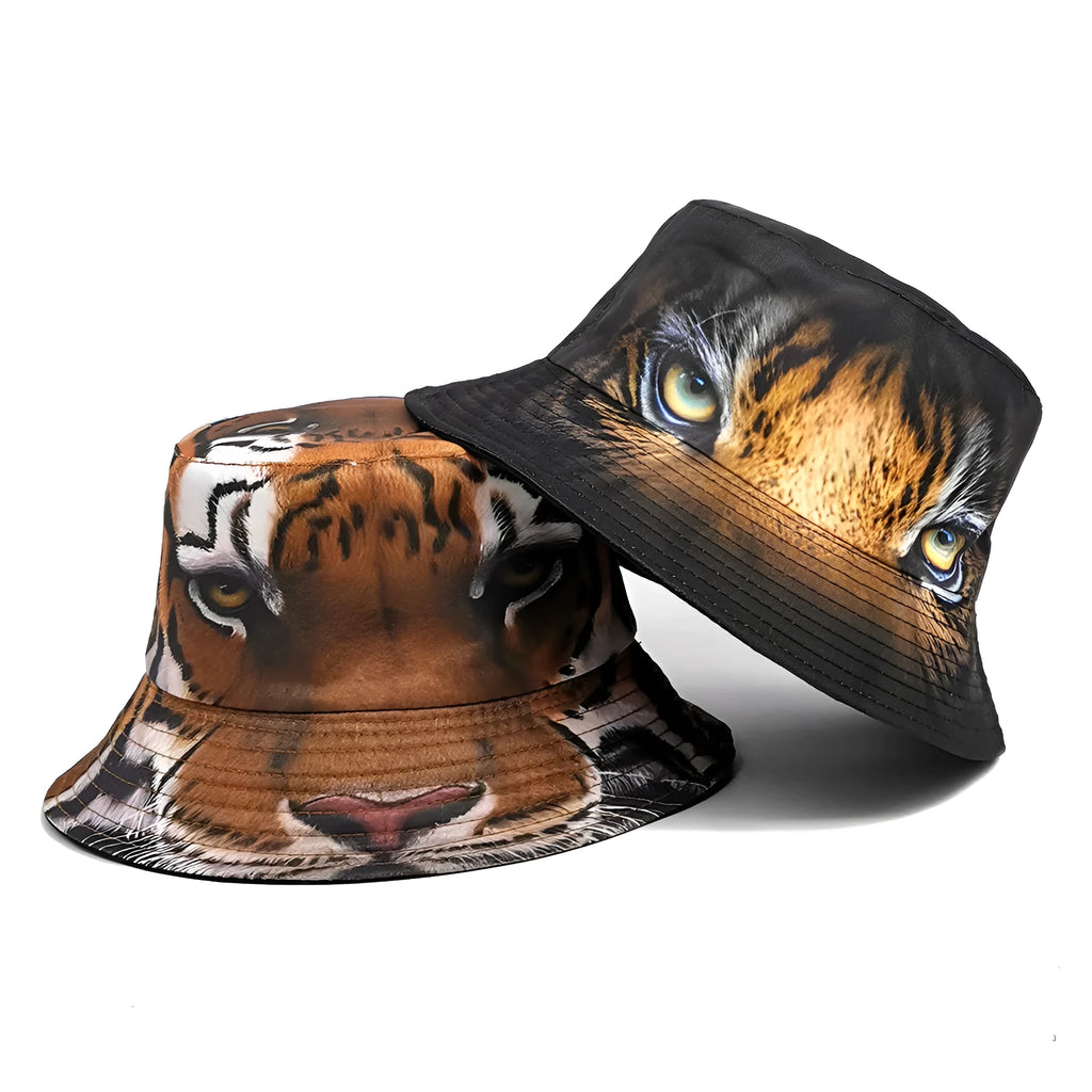 Tiger pattern polyester bucket hat with dome crown in khaki colour, size M 56-58cm