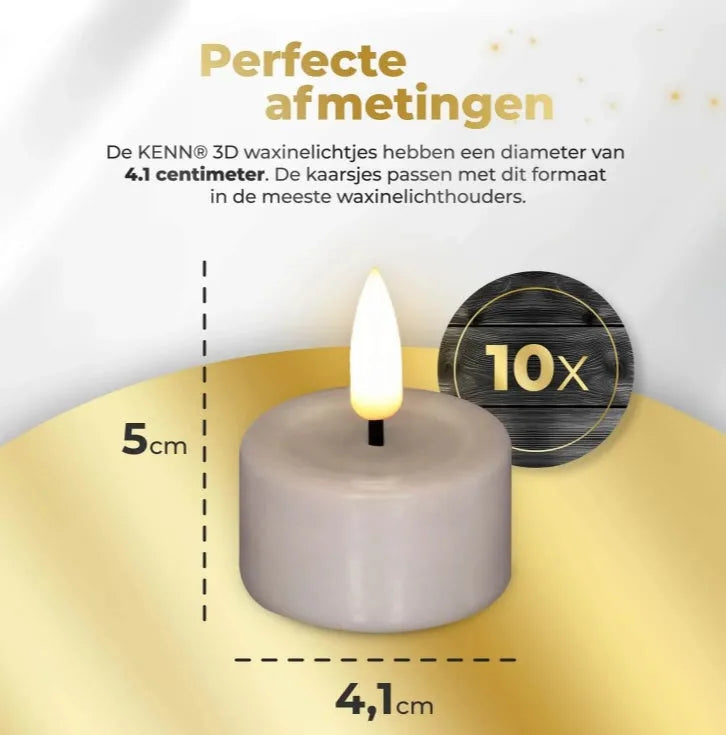 Four taupe-coloured LED tealight candles with 3D flickering flame effect on a surface.
