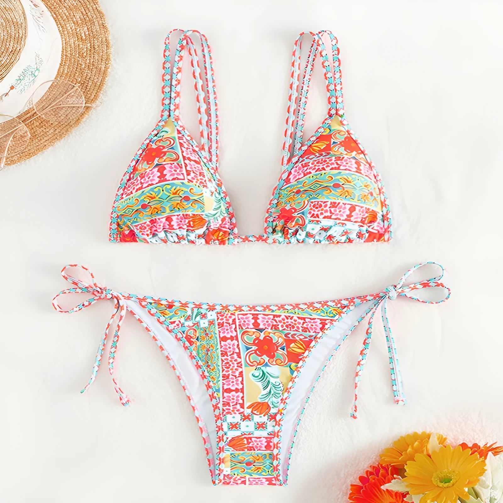 Women's lace-up split backless swimsuit bikini set in picture colour