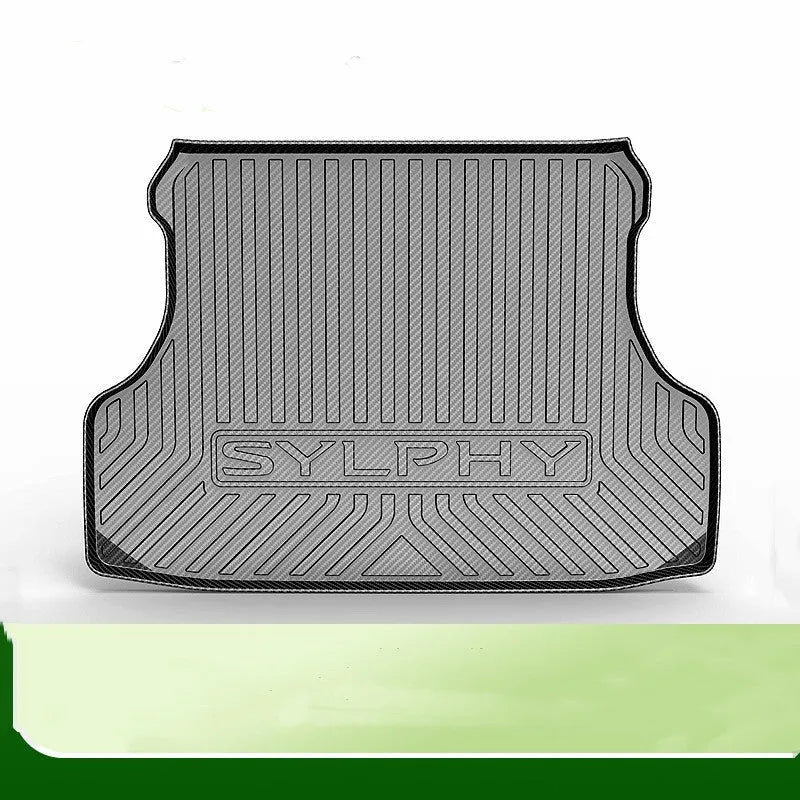 Black TPE car boot liner with a carbon fibre texture pattern laid flat.