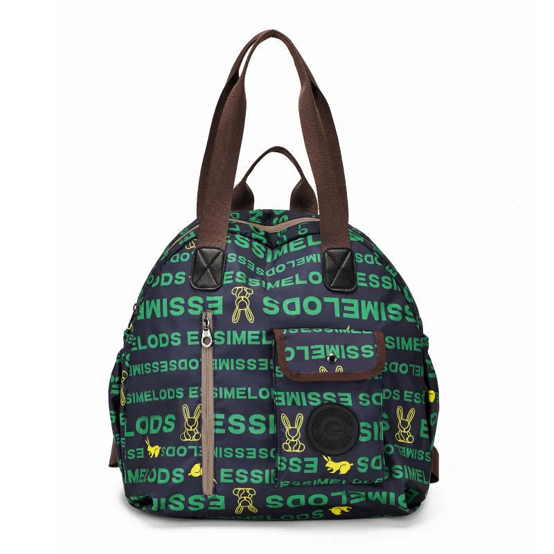 Large lightweight nylon backpack in black, khaki, or green with front sandwich pocket.