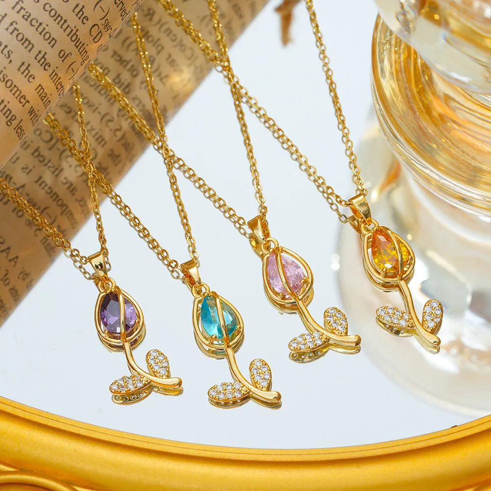 Zircon tulip necklace for women with a floral pendant on an adjustable titanium steel chain.