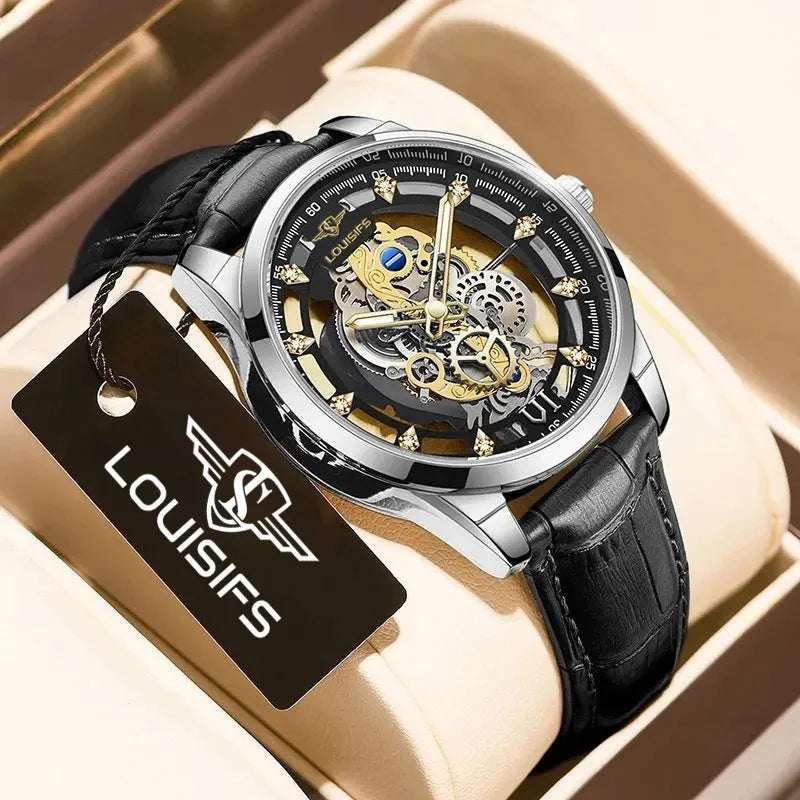 Men's Swiss quartz watch with double-sided hollow design, gold case and brown leather strap