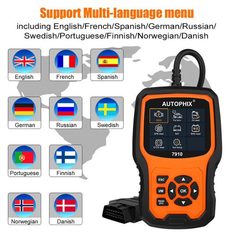 Autophix 7910 BMW diagnostic scanner tool with OBD2 connector for vehicle fault code reading