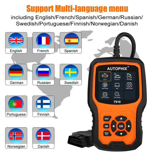 Autophix 7910 BMW diagnostic scanner tool with OBD2 connector for vehicle fault code reading