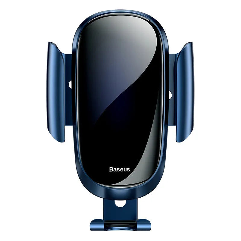Universal car phone bracket in black, blue, and silvery colours mounted on a car dashboard