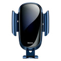 Universal car phone bracket in black, blue, and silvery colours mounted on a car dashboard