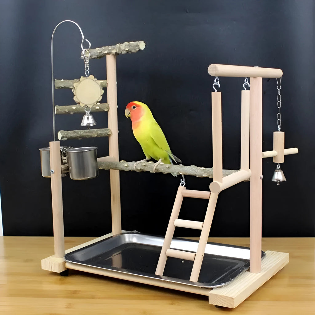 Pepper wood parrot toys bird stand with tiger skin peony design and sub-stand pole.