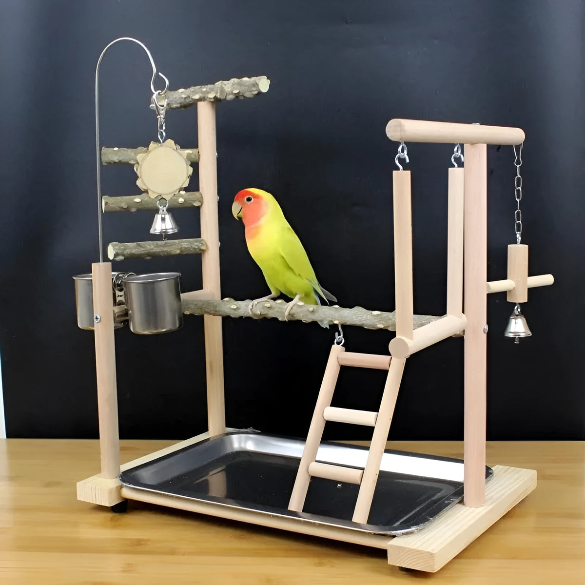 Pepper wood parrot toys bird stand with tiger skin peony design and sub-stand pole.