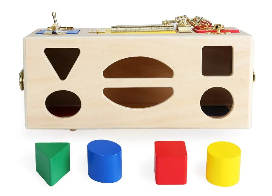 Wooden educational shape sorting box with 12 matching blocks for preschool children