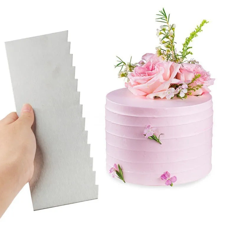 Stainless steel cake cream scraper tool with multiple polygon pattern edges for decorating.