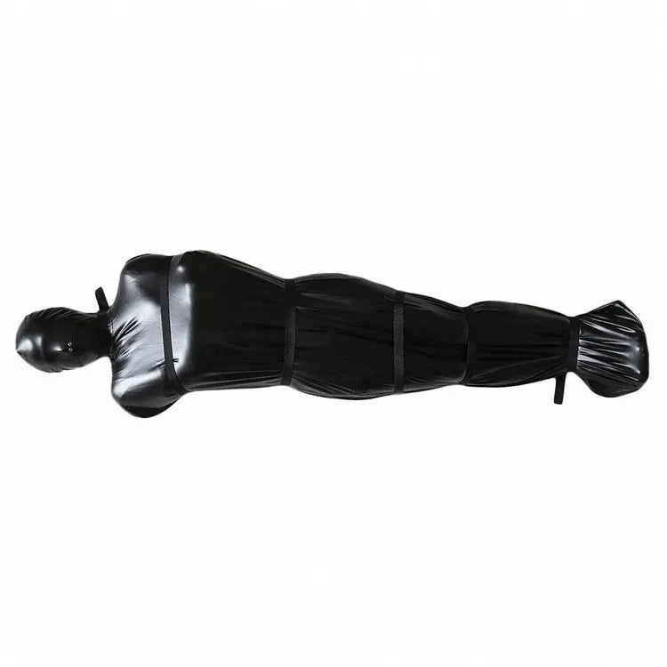 Black patent leather body wrap set with six silver ratchet tie-down straps laid out.