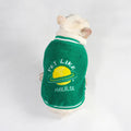 Green fleece-lined dog winter coat shown on a large dog, sizes include L, XL, XXL, 3XL, and 4XL.