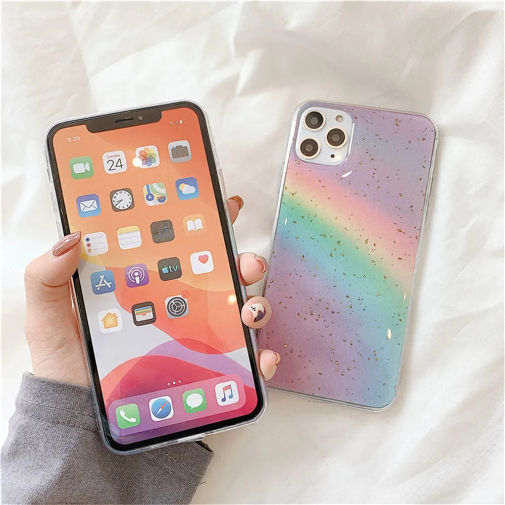 Rainbow gradient iPhone case with horizontal stripes on a white background
