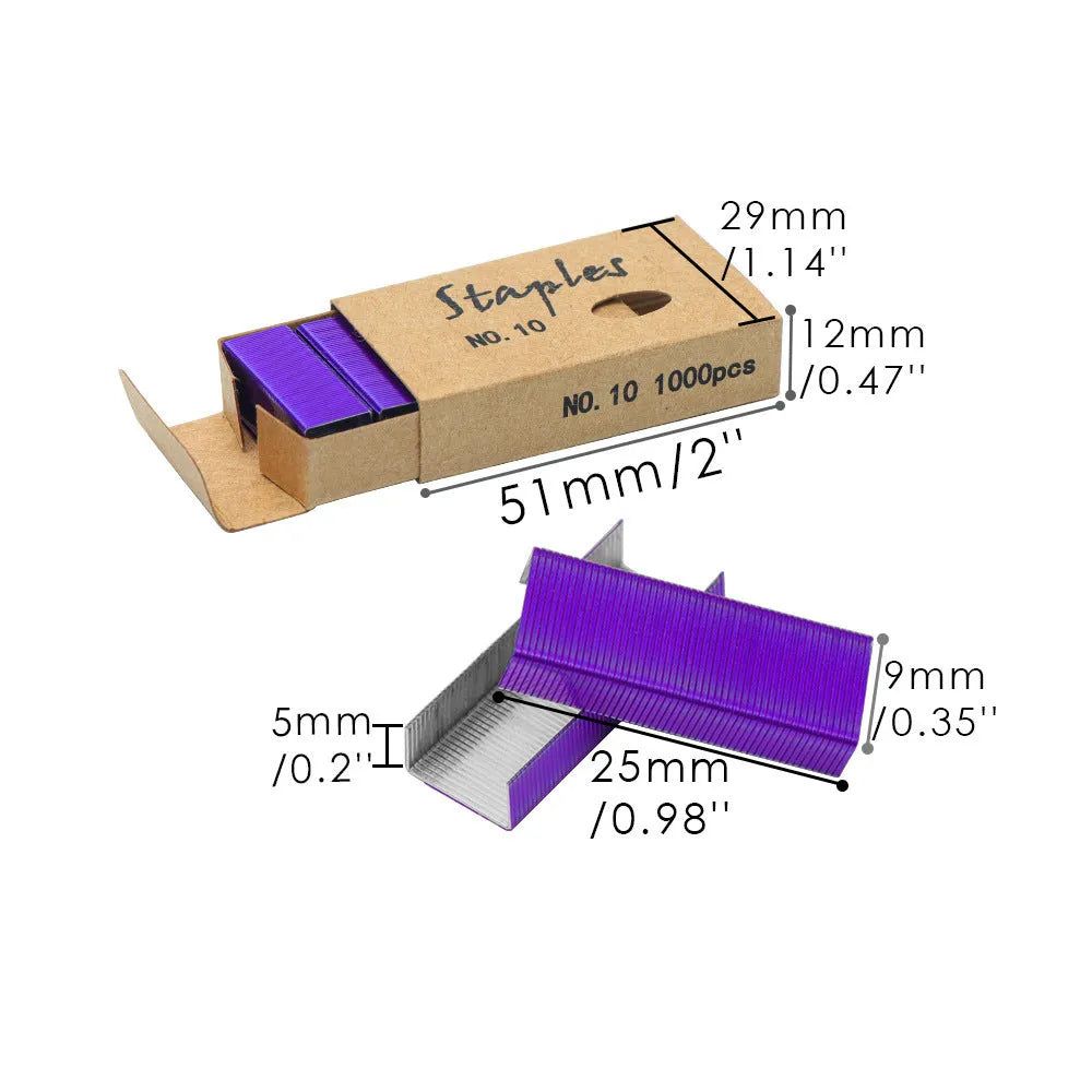 A box of 1000 metal office staples available in black, purple, rose gold, and rose red colours.