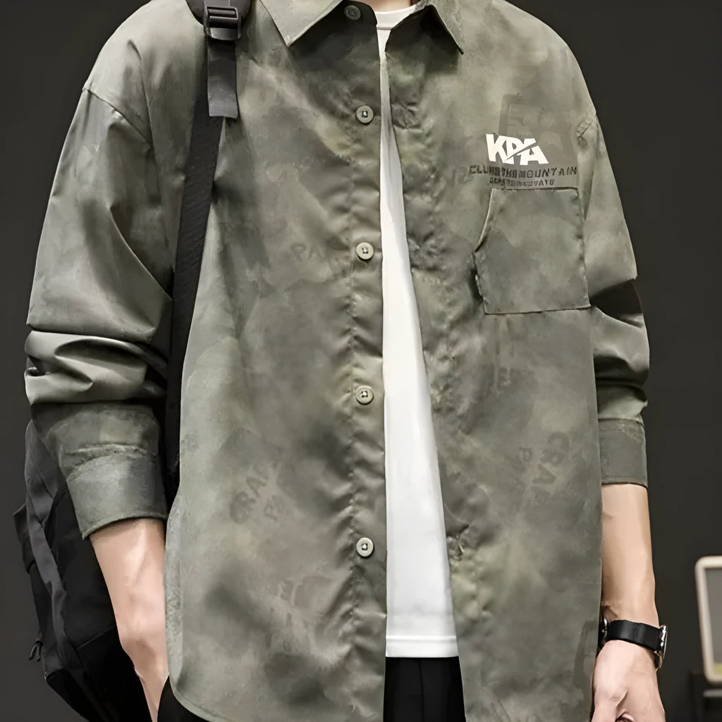Men's Japanese-style retro camouflage long sleeve linen shirt in army green or white, sizes M to XXXL