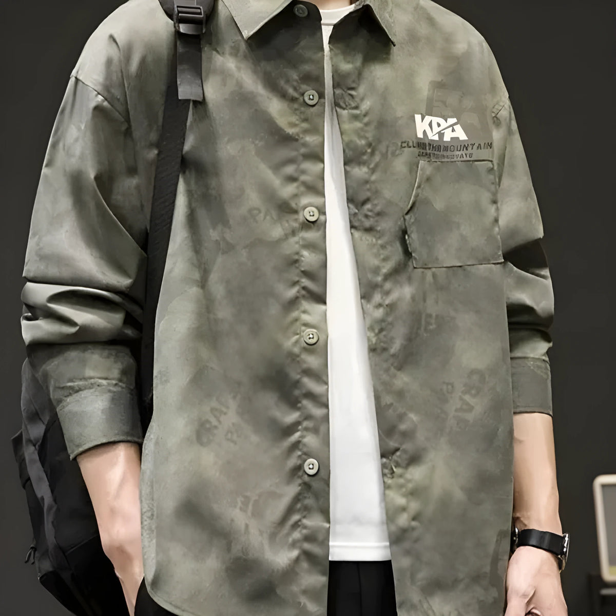 Men's Japanese-style retro camouflage long sleeve linen shirt in army green or white, sizes M to XXXL