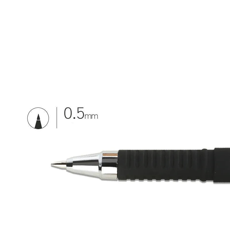 Eight carbon black gel pens with anti-fatigue grips in bullet and needle tip styles